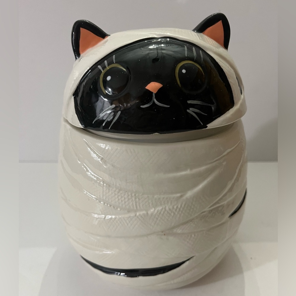 Mummy Cat Ceramic Halloween Cookie Jar by 10 Strawberry Street